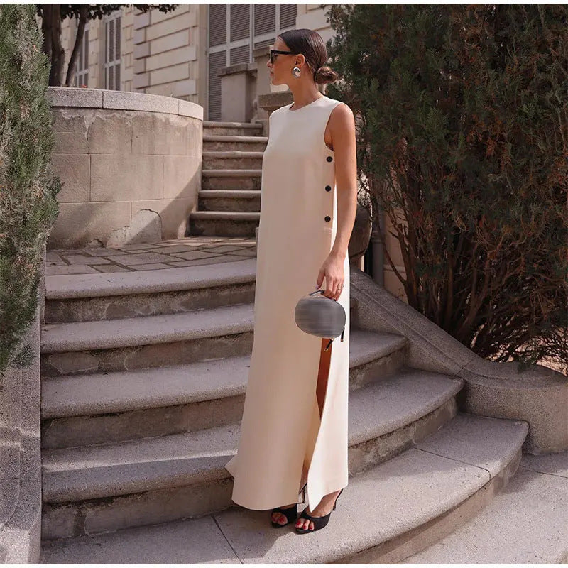 Robe ample féminine élégante fendue avec boutons