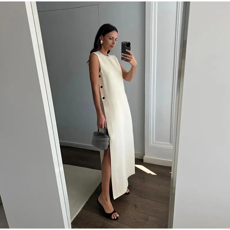 Robe ample féminine élégante fendue avec boutons