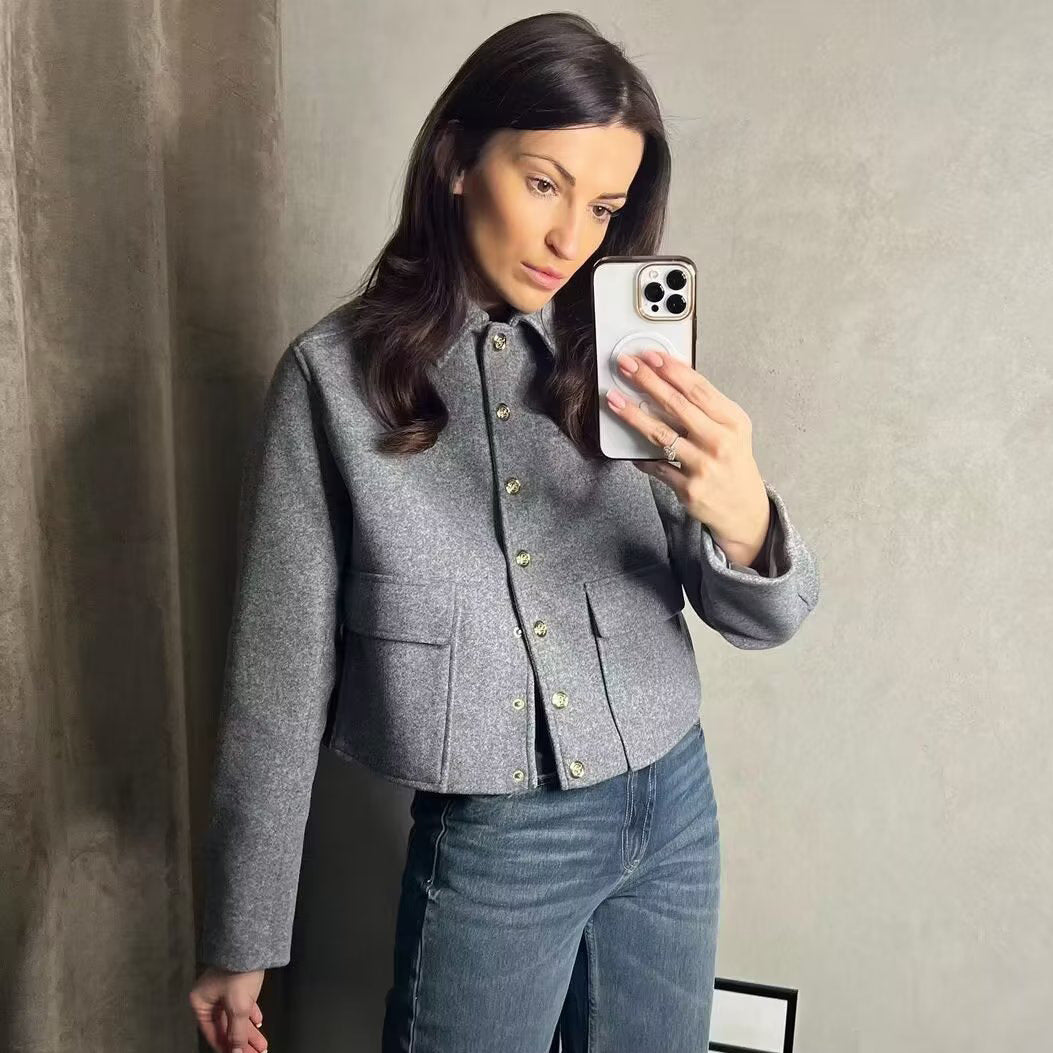 Veste courte en tweed de style classique à revers mélangé français